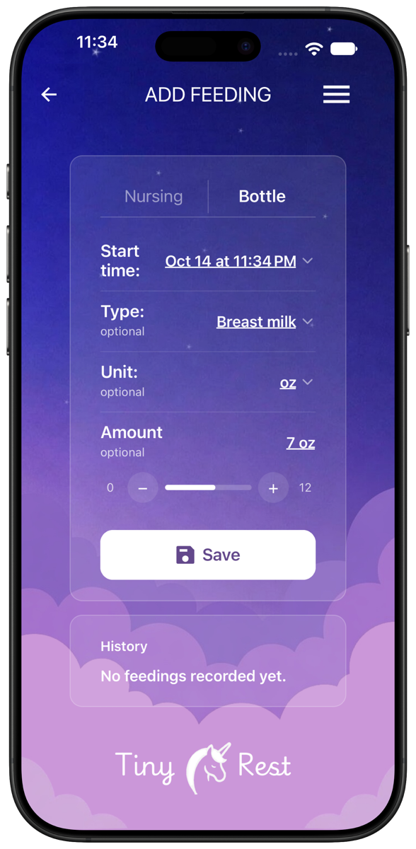Add Feeding screen logging a 7 oz bottle of breast milk