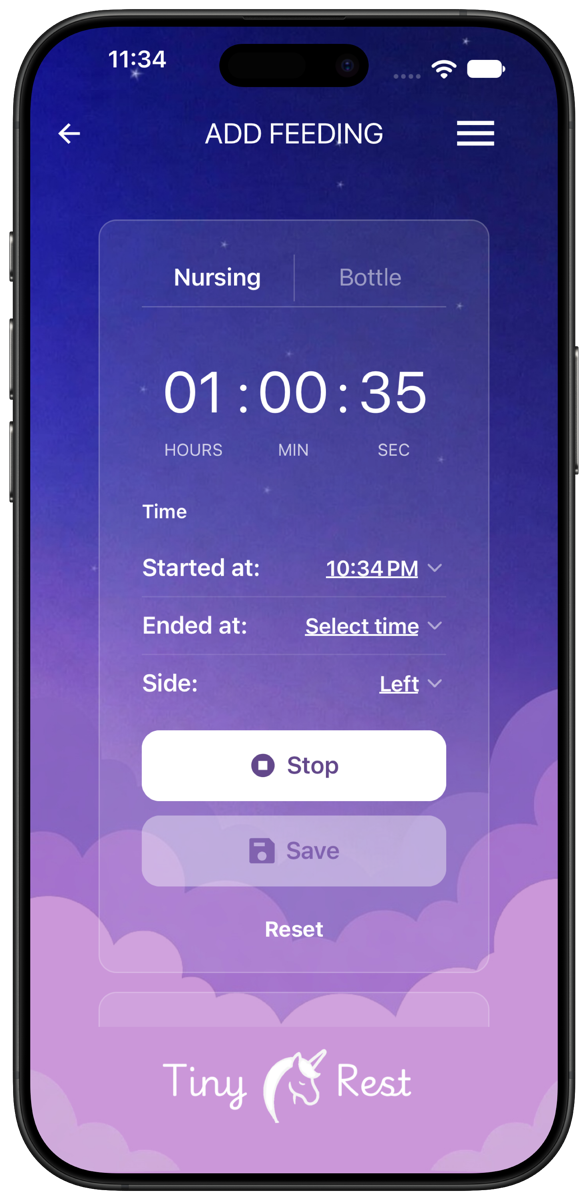 Add Feeding screen timing a nursing session on the left side
