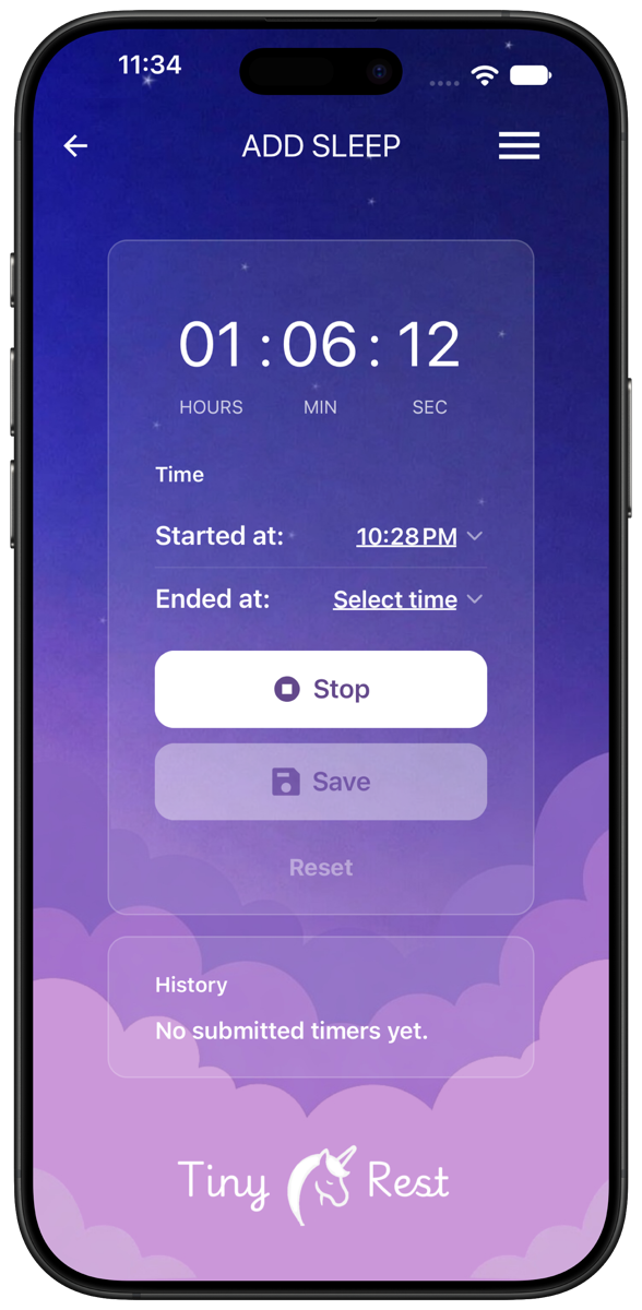 Tiny Rest Add Sleep screen with a nap timer running