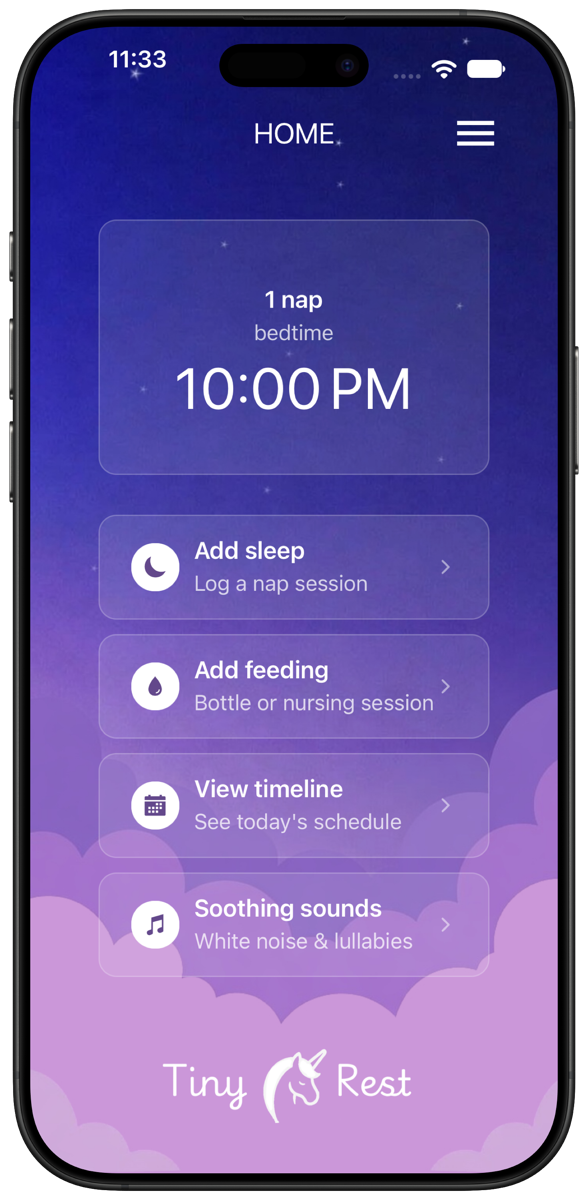 Tiny Rest home screen predicting 1 nap left and bedtime at 10:00 PM