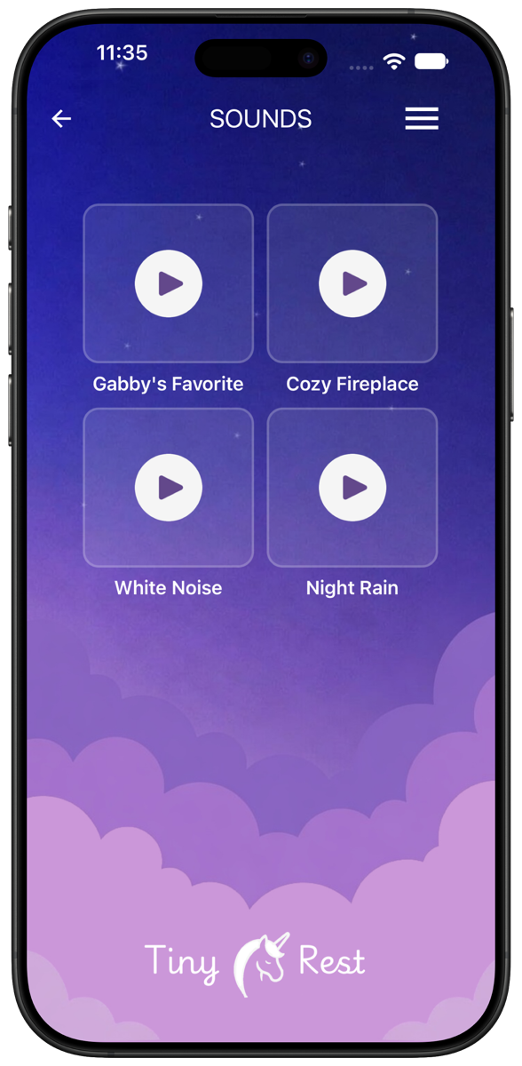 Sounds screen with Gabby's Favorite, Cozy Fireplace, White Noise and Night Rain