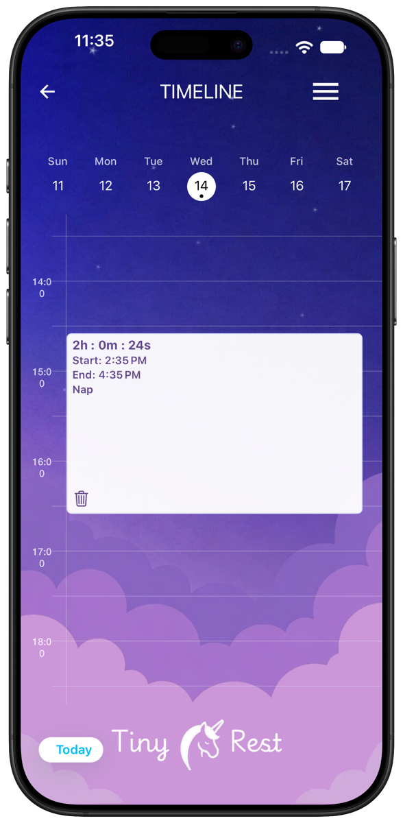 Timeline screen showing a 2 hour nap from 2:35 PM to 4:35 PM